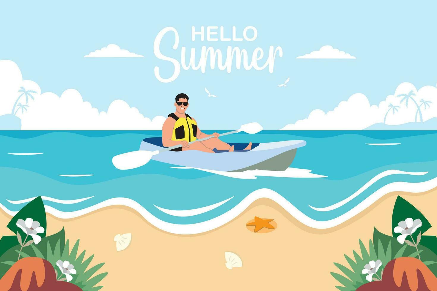 Hello Summer. Vector illustration in flat cartoon style. Can be used for banner, poster, flyer