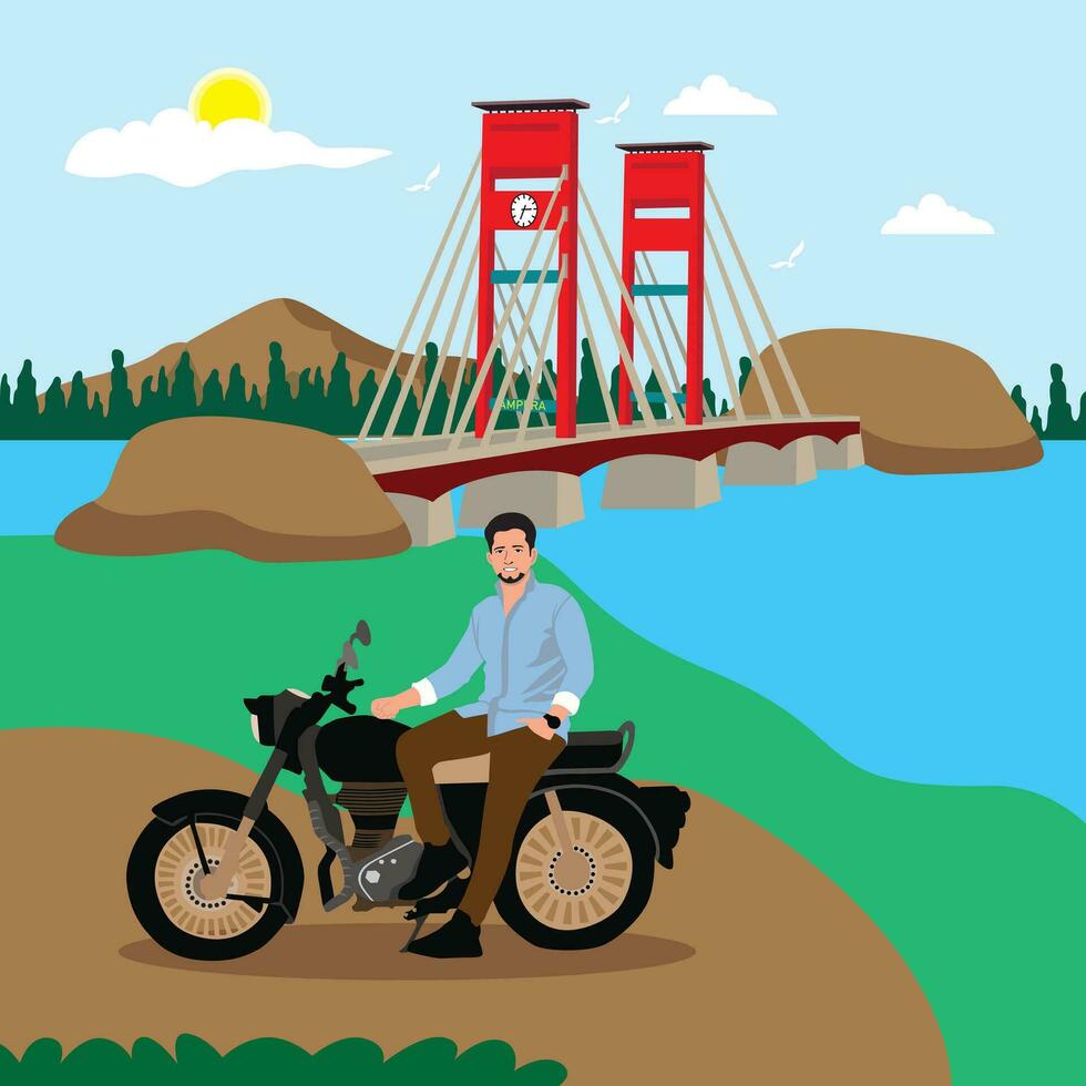 motorista montando moto en río. vector ilustración en plano estilo