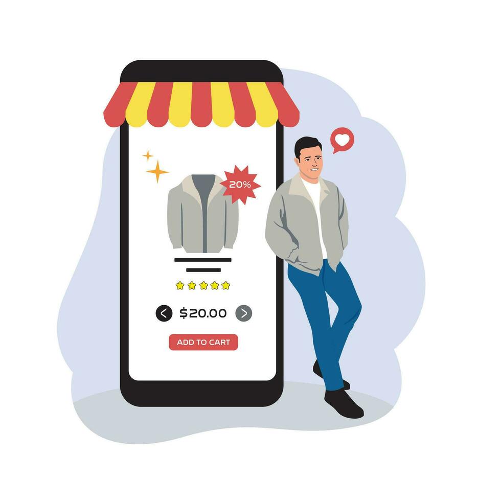 Online shopping concept. Vector illustration in flat style. Man buying clothes online.