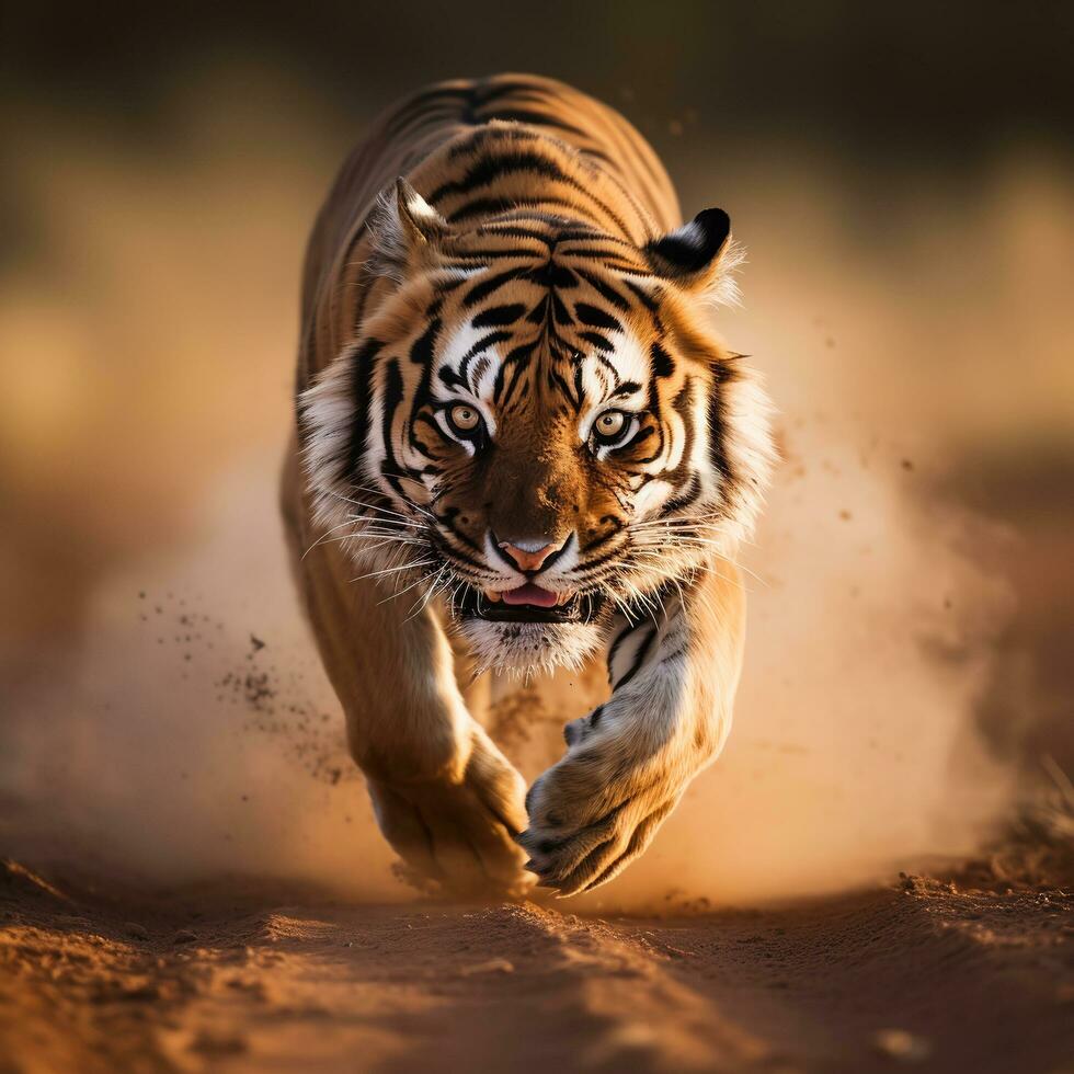 portrait of tiger running, chasing, prey, generative ai photo