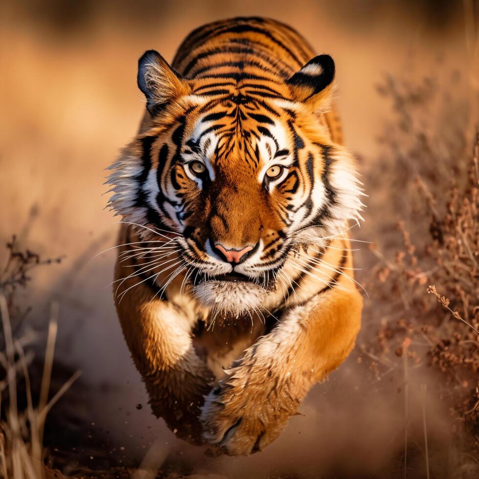 portrait of tiger running, chasing, prey, generative ai photo