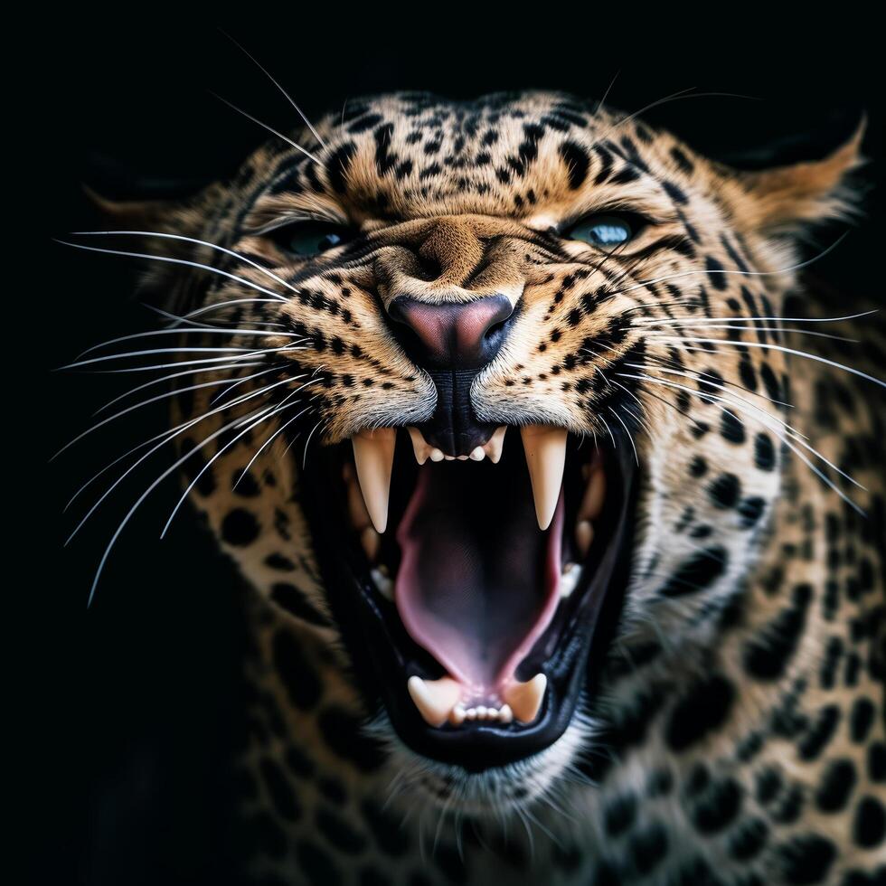 close up portrait of a leopard with a roaring expression. generative ai photo