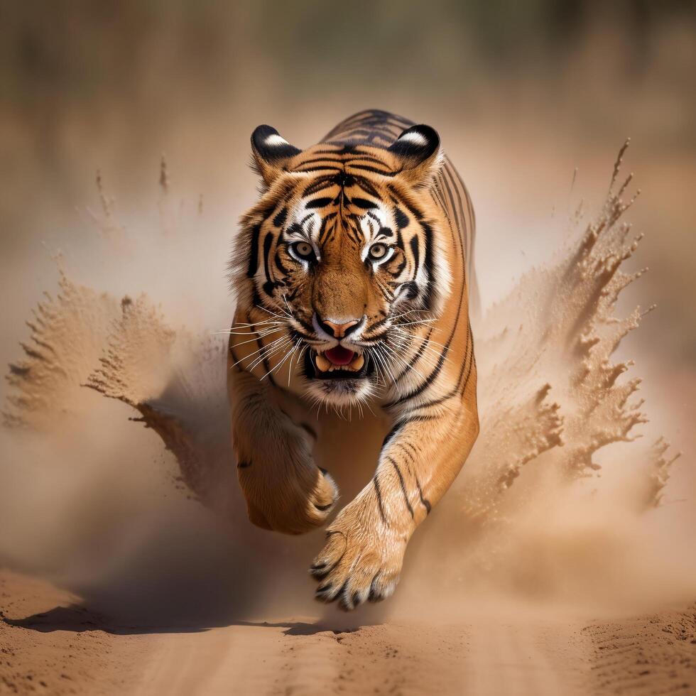 portrait of tiger running, chasing, prey, generative ai photo