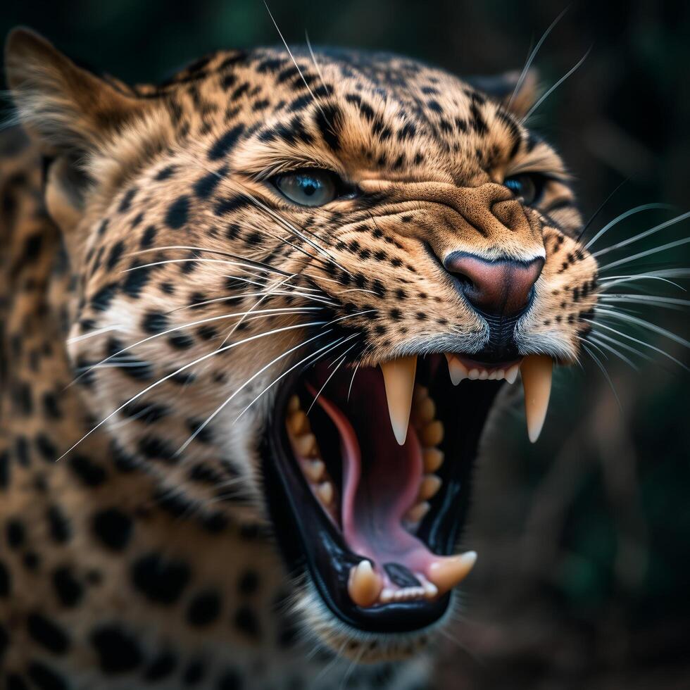 close up portrait of a leopard with a roaring expression. generative ai photo