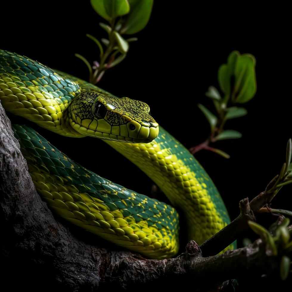 de cerca retrato de verde serpiente en negro fondo, generativo ai foto
