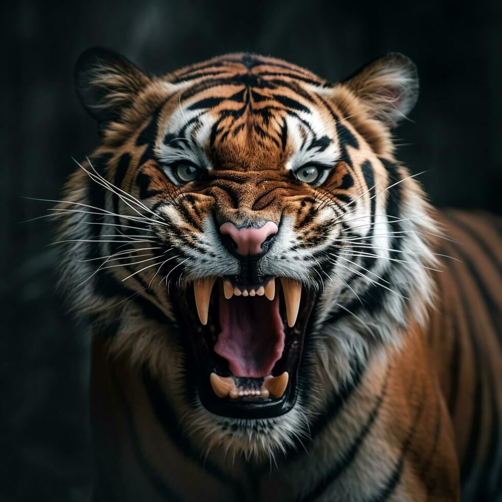 close up portrait of a roaring tiger, generative ai photo