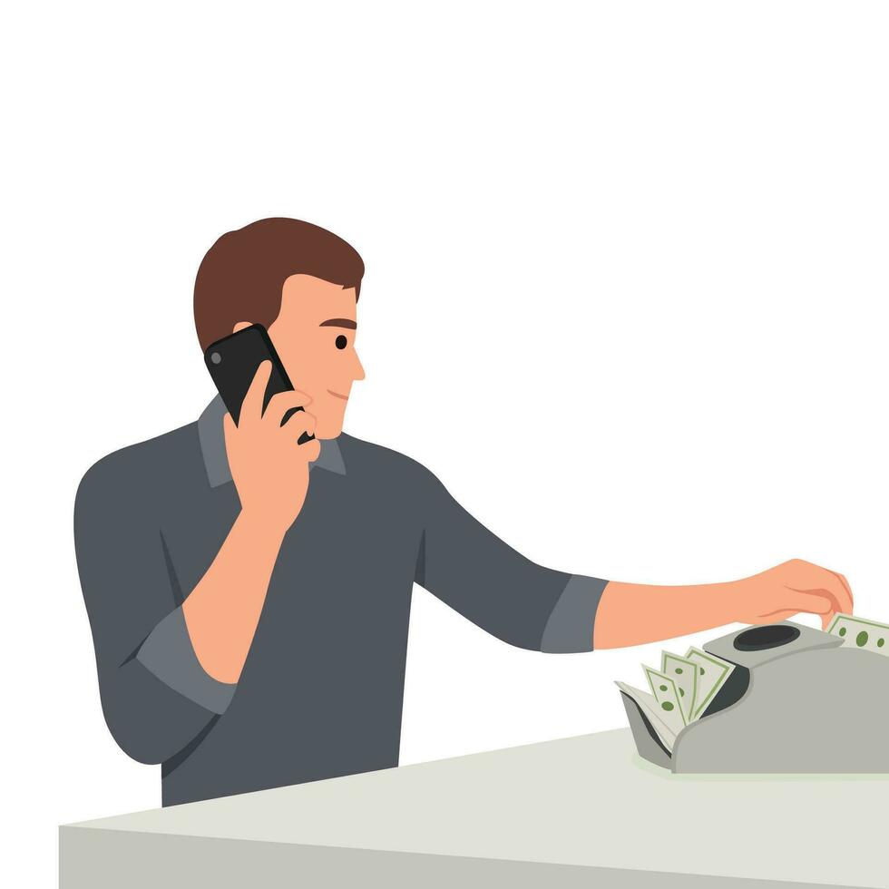 Young man using banknote counter and talking on phone with client. vector