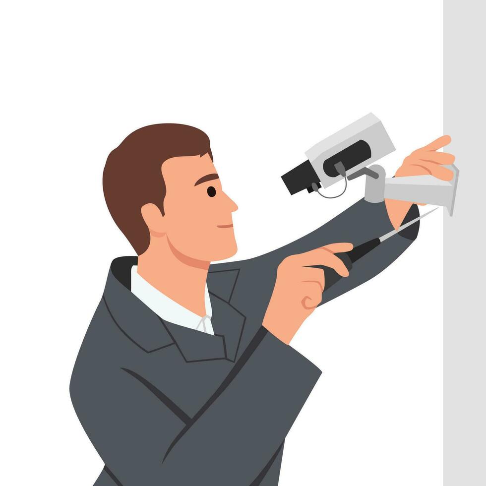 A worker installs a camera on the street CCTV Installation Wizard. Video surveillance master. CCTV camera installation service. Electrician with a screwdriver repairing a CCTV camera. vector