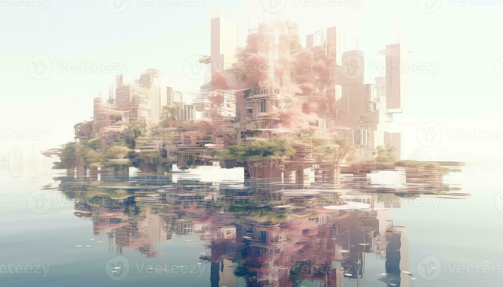 Pastel-Colored Landscapes Surrounding 3D Floating Skyline AI generated photo