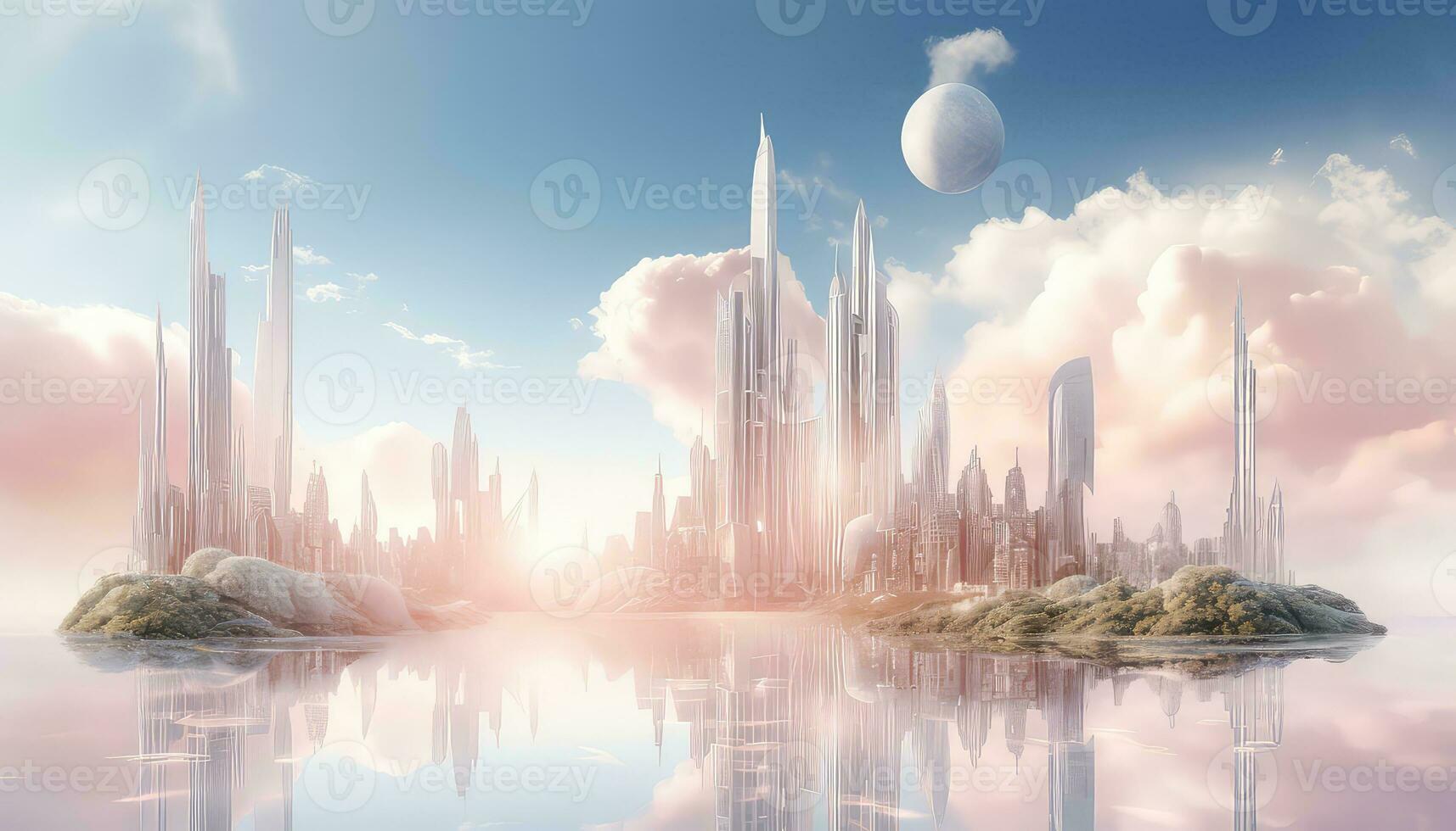 Pastel-Colored Landscapes Surrounding 3D Floating Skyline AI generated photo