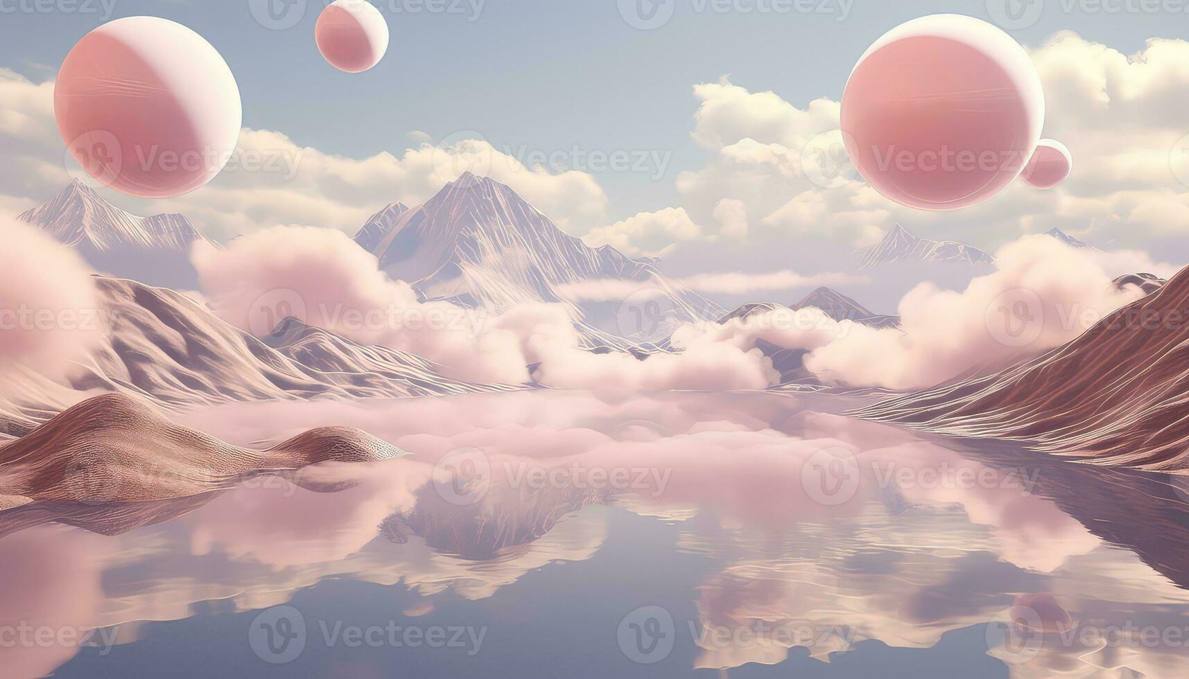 Pastel-Colored Landscapes Surrounding 3D Floating Skyline AI generated photo