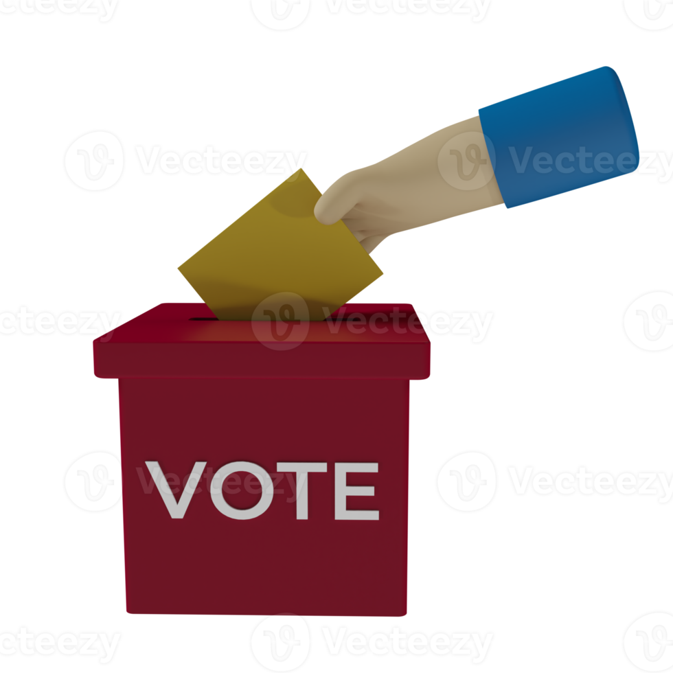 3d render icon of hand putting ballot paper into voting box. concept illustration of regional or state head elections. government png