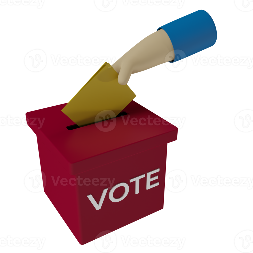 3d render icon of hand putting ballot paper into voting box. concept illustration of regional or state head elections. government png