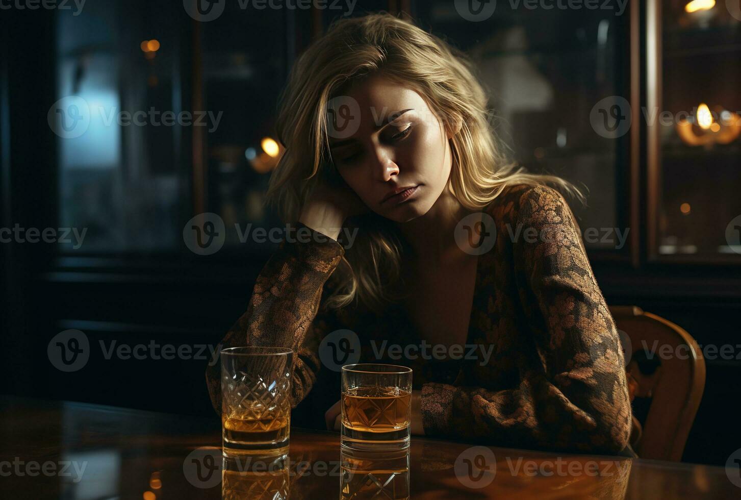 Young beautiful woman drinking alcohol. Alcohol abuse social problem. AI Generative photo