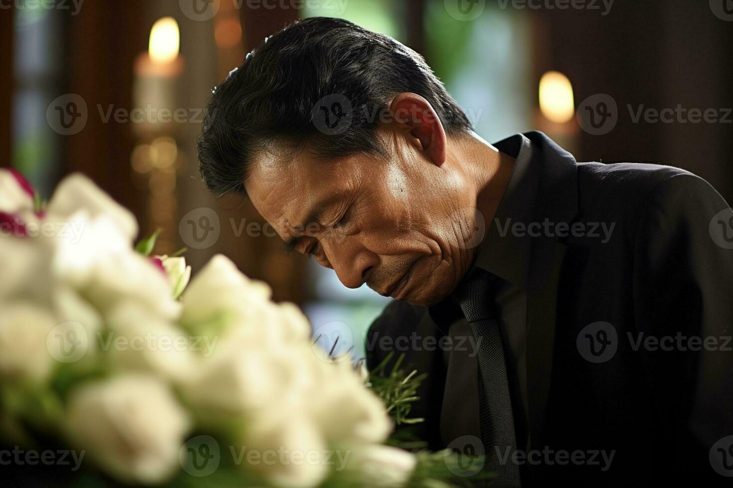 mayor asiático hombre con funeral dolor y flores en Iglesia ai generado foto