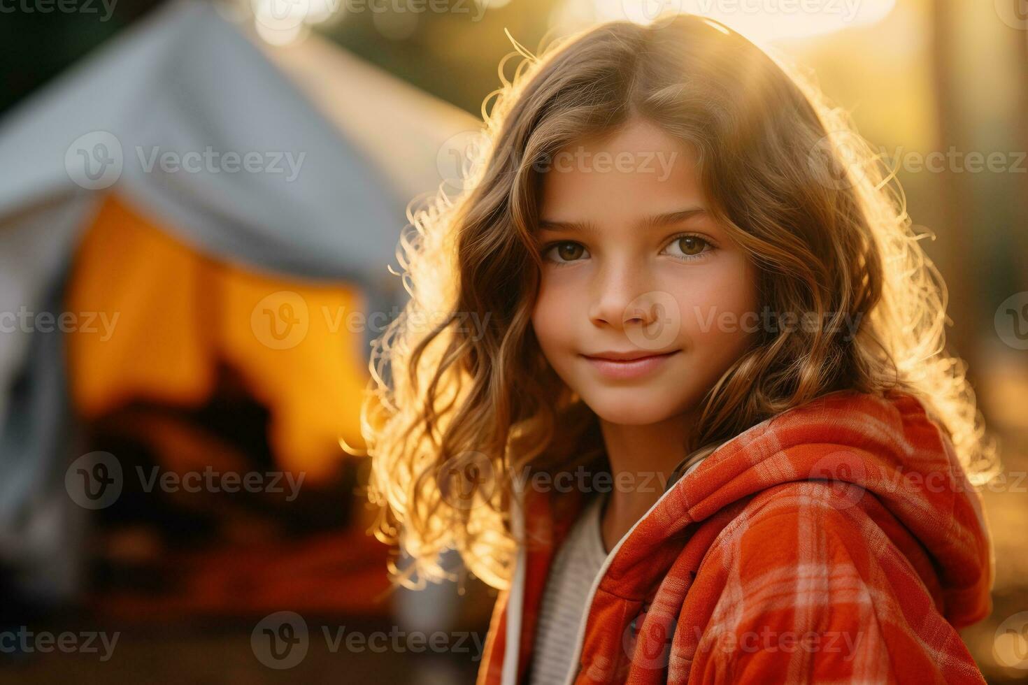 Portrait of cute little girl at camera while standing near camping tent at sunset AI generated photo