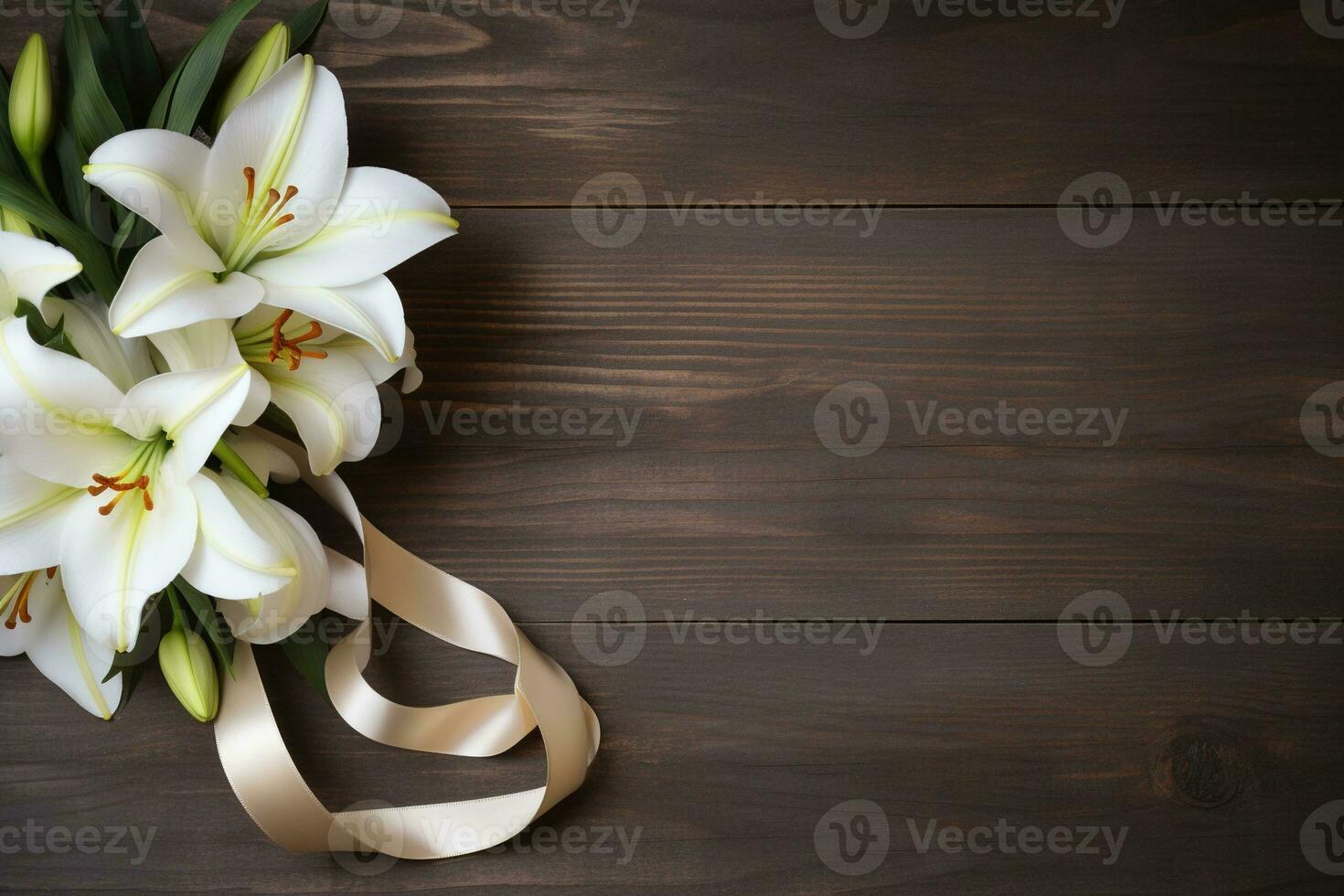 White lily flowers on wooden background. Top view with copy space.Funeral Concept AI generated photo