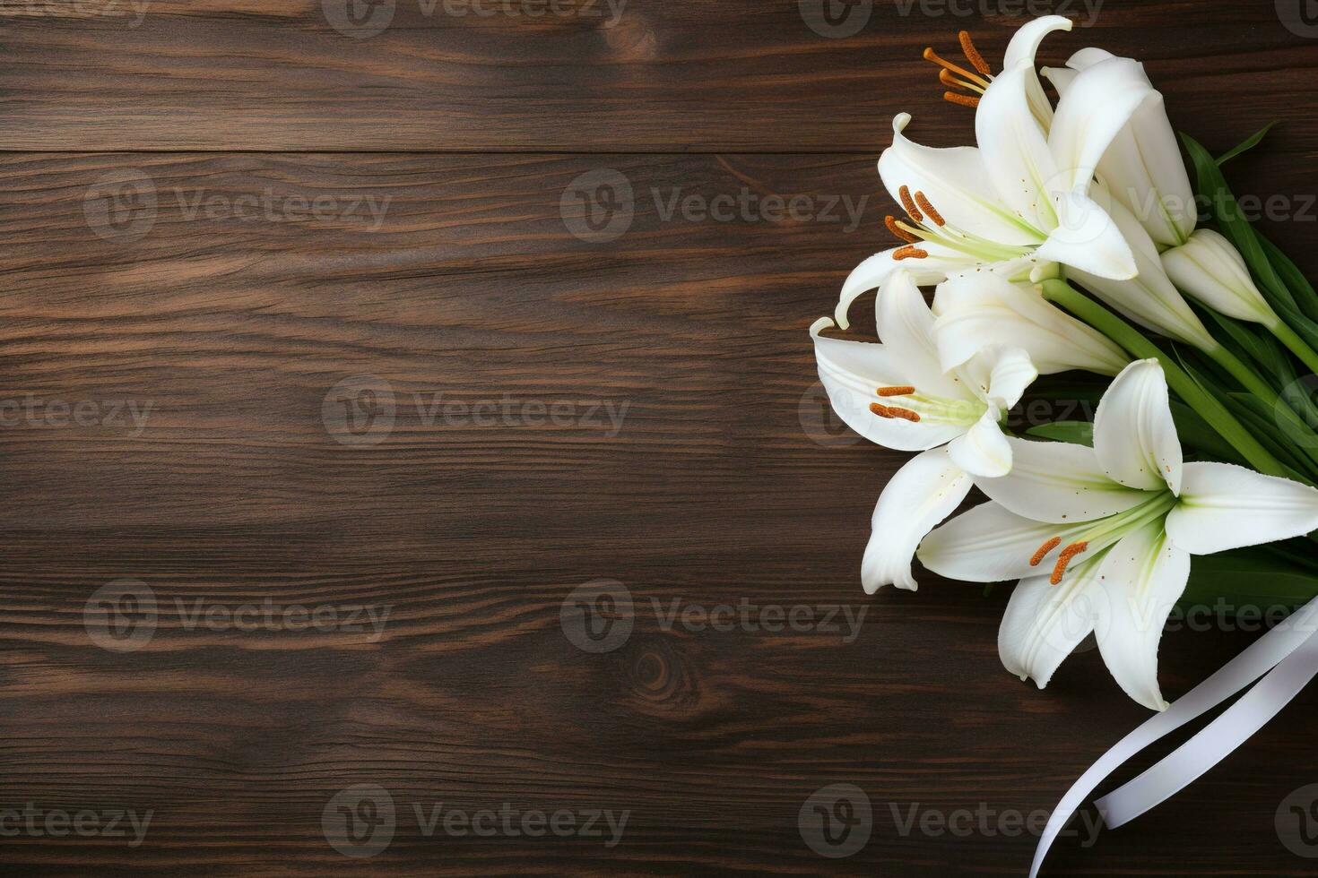 White lily flowers on wooden background. Top view with copy space.Funeral Concept AI generated photo