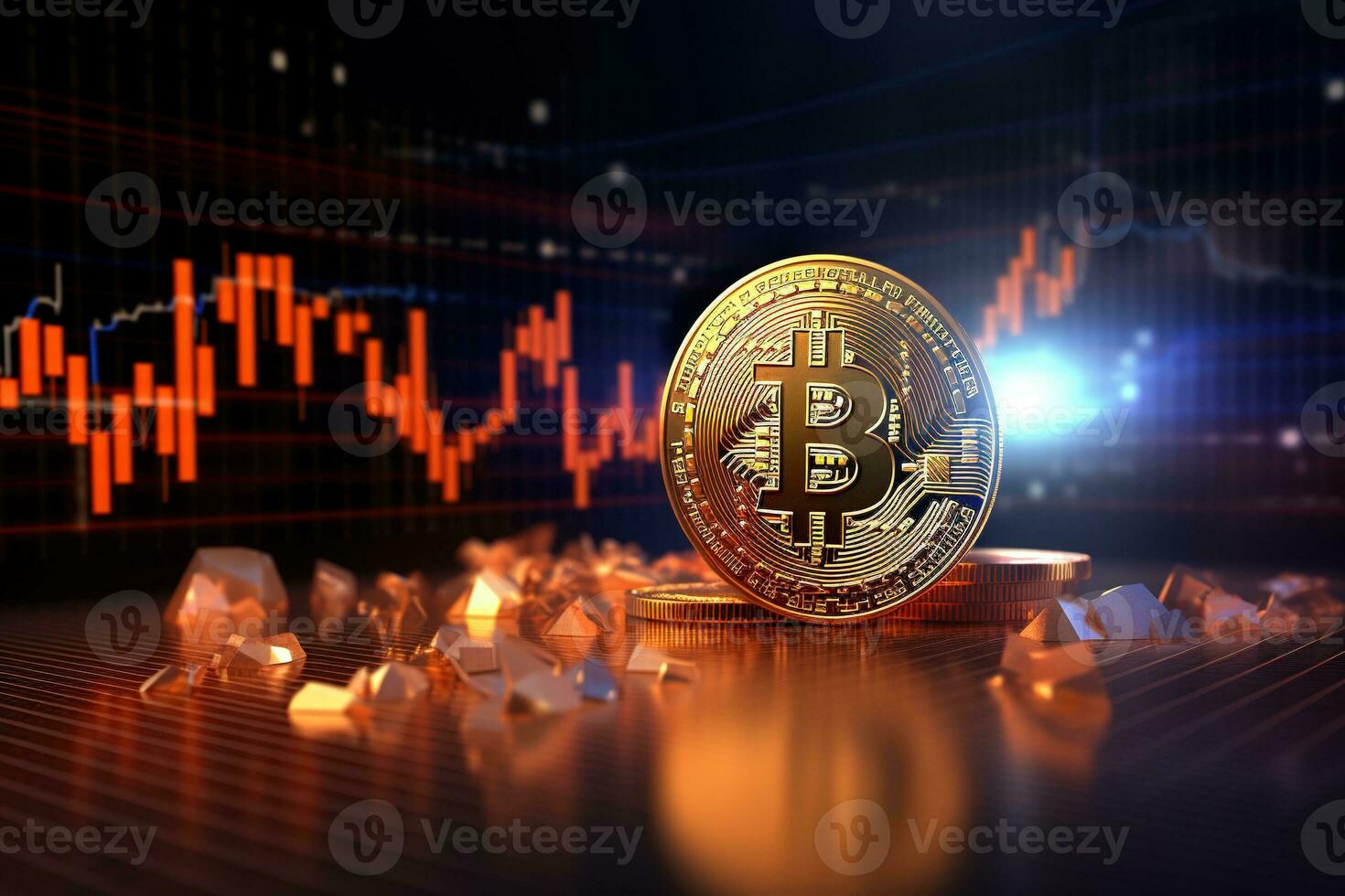 Golden Bitcoin on the background of the stock market chart. Cryptocurrency concept. AI generated photo