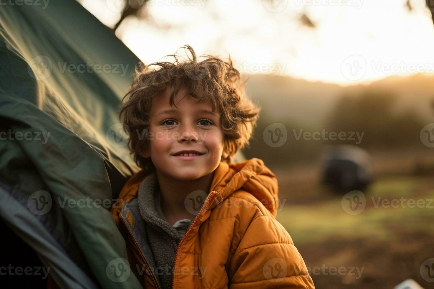 Portrait of a cute boy looking at camera while near his tent in nature AI generated photo