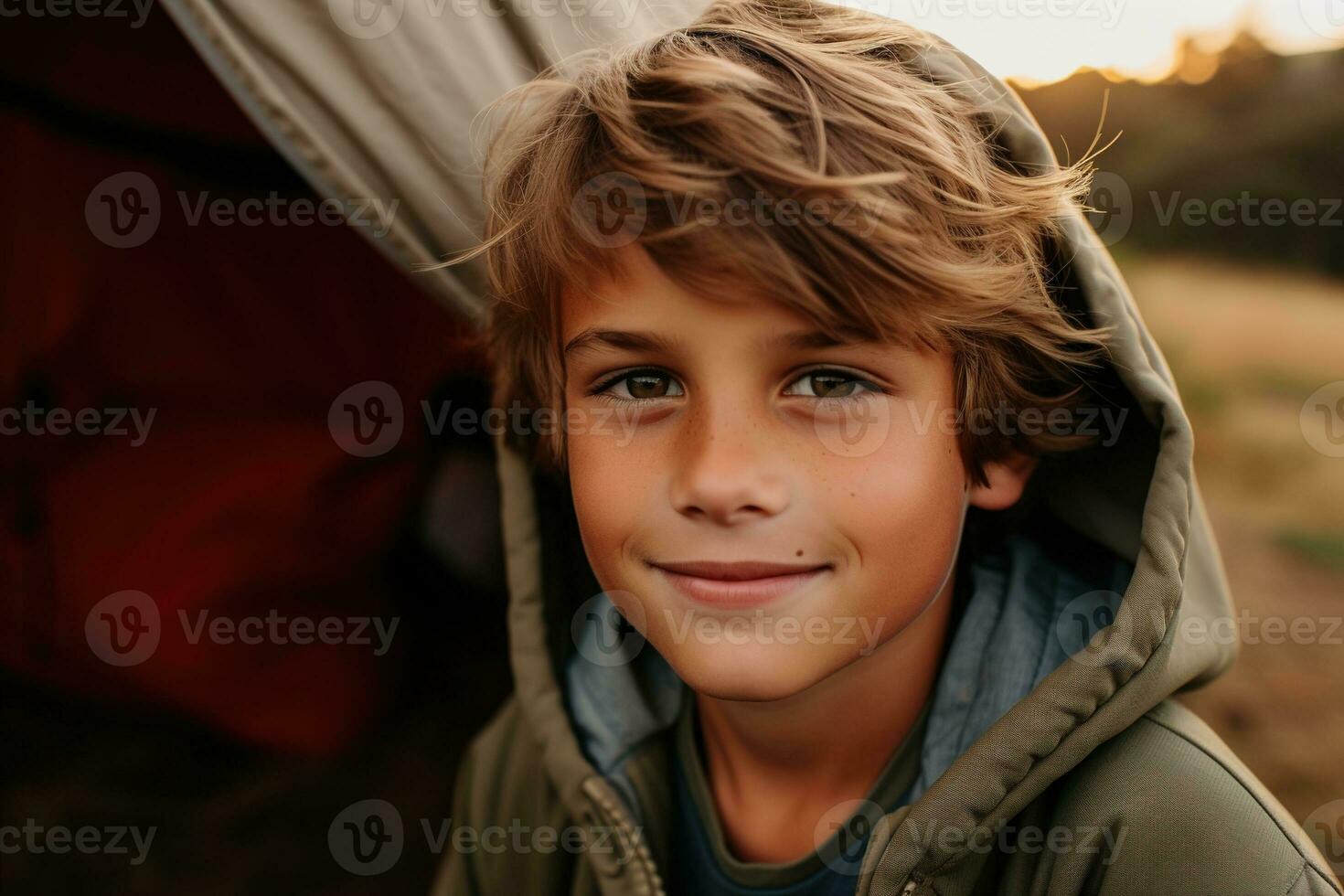 Portrait of a cute boy looking at camera while near his tent in nature AI generated photo