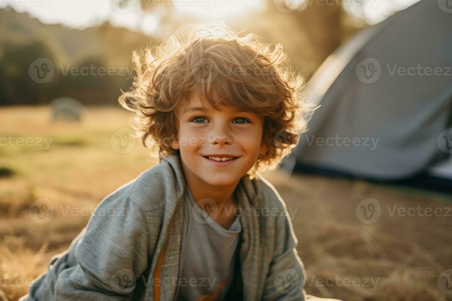 Portrait of a cute boy looking at camera while near his tent in nature AI generated photo
