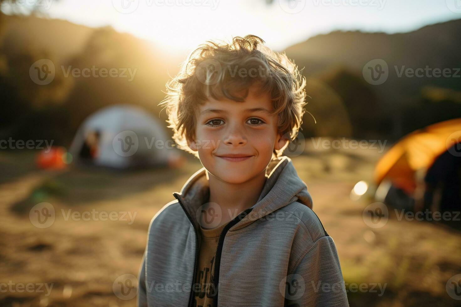 Portrait of a cute boy looking at camera while near his tent in nature AI generated photo