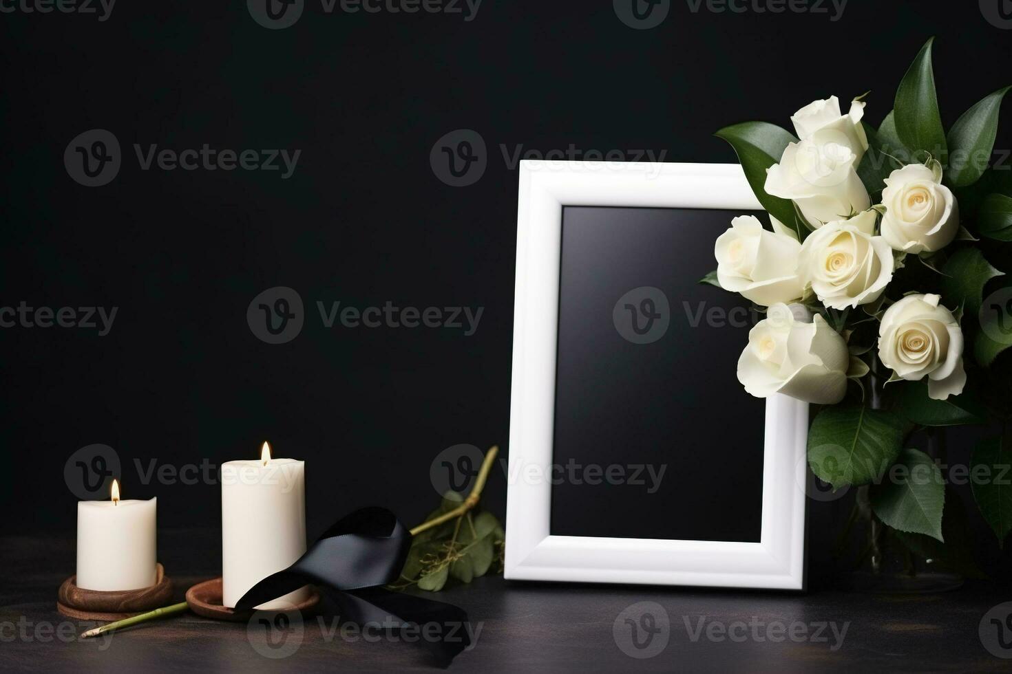 White roses with ribbon and photo frame on black background.Funeral Concept AI generated