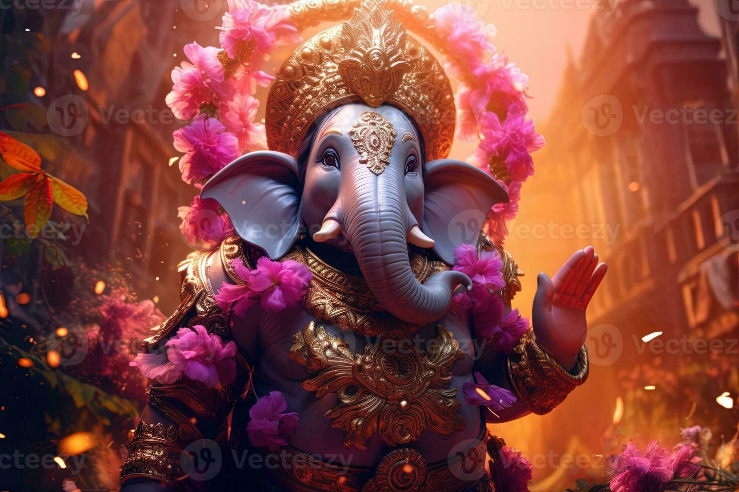 Hindu God Ganesha with flowers AI generated photo