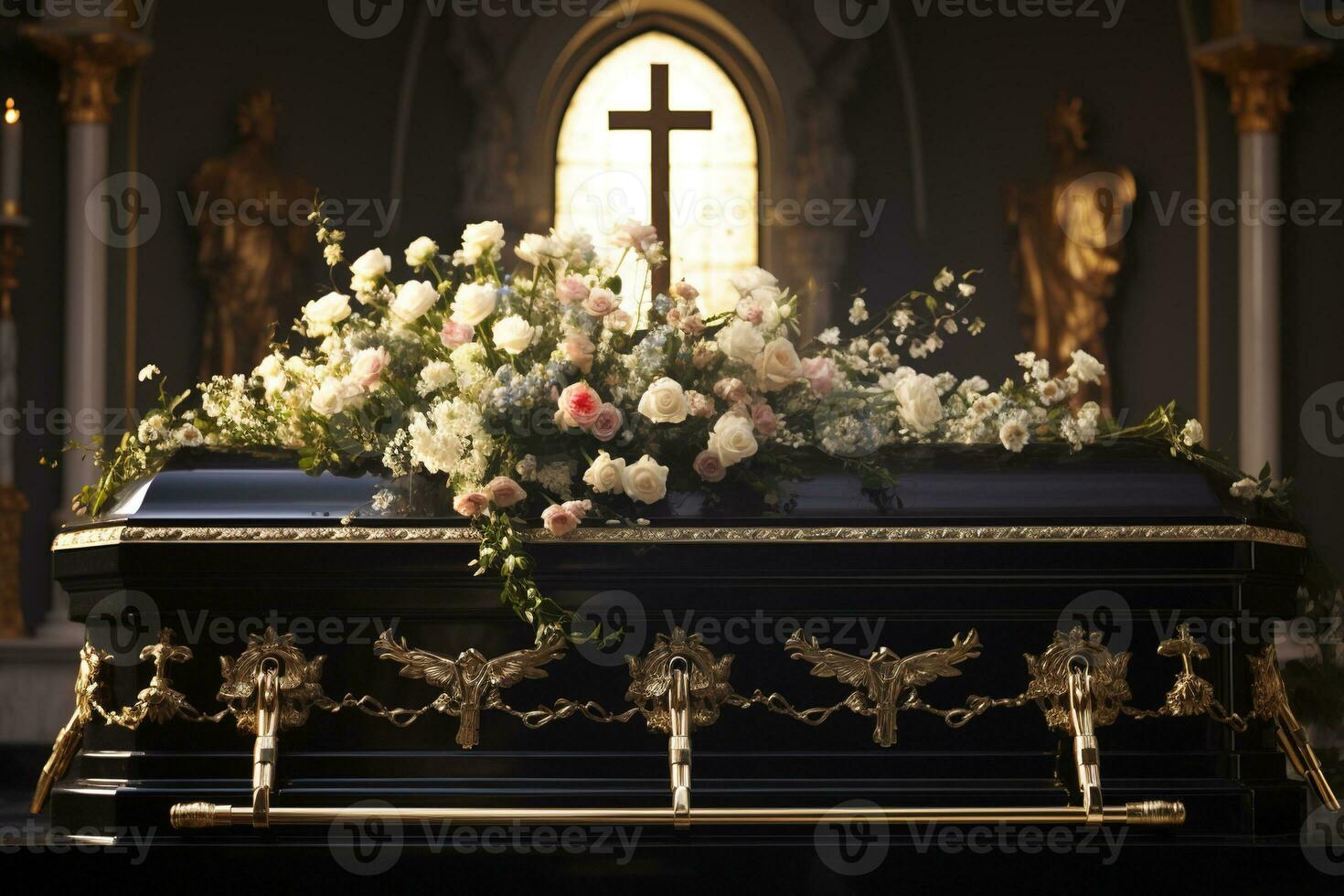 de cerca Disparo de un ataúd en un coche fúnebre o capilla antes de funeral o entierro a cementerio ai generado foto