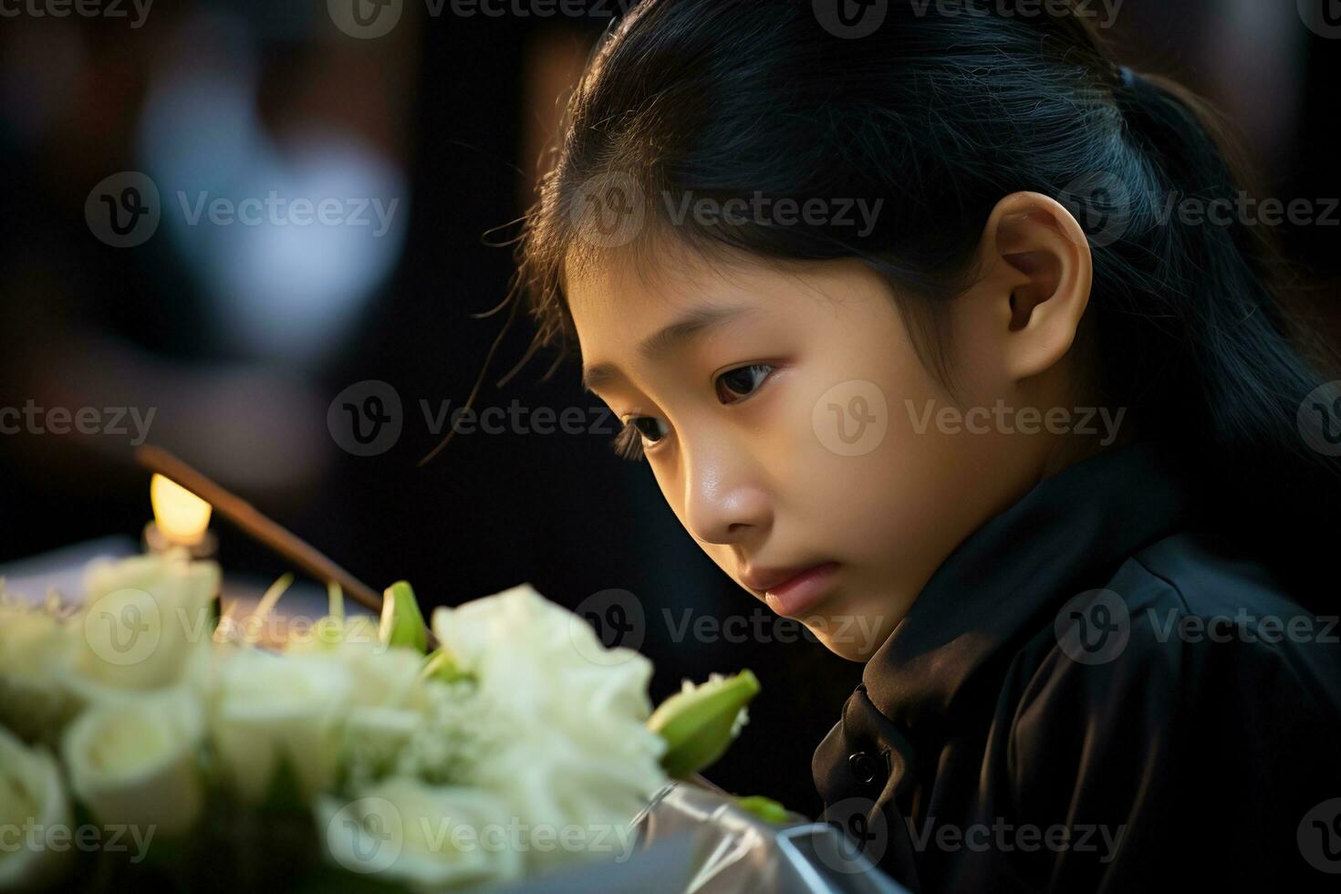 Portrait of a little asian girl with in the cemetery,Funeral Concept AI generated photo