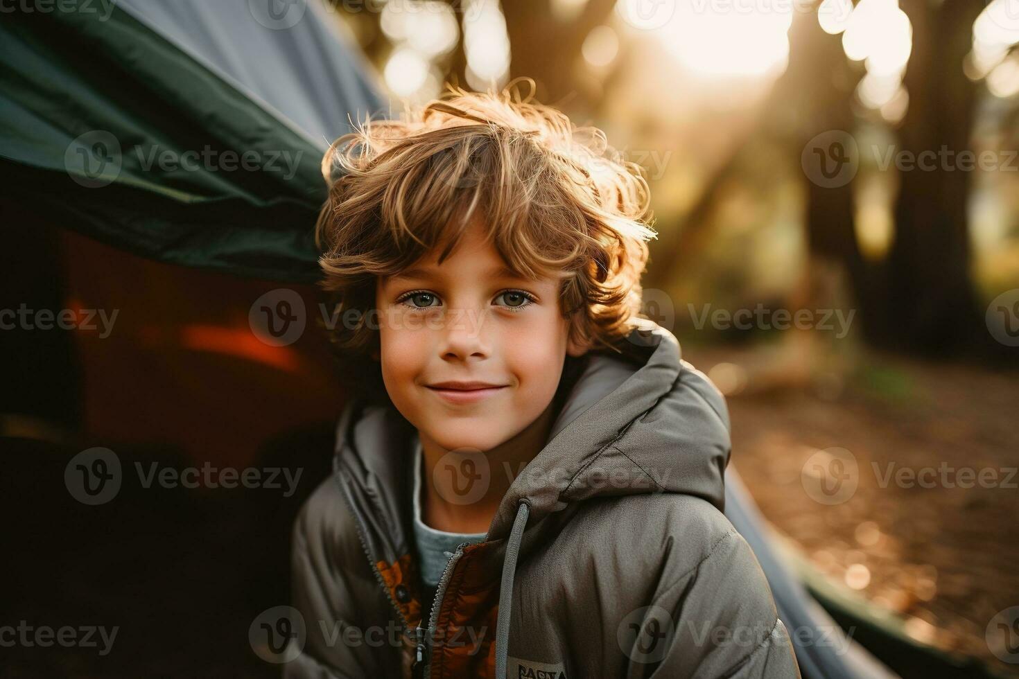 Portrait of a cute boy looking at camera while near his tent in nature AI generated photo