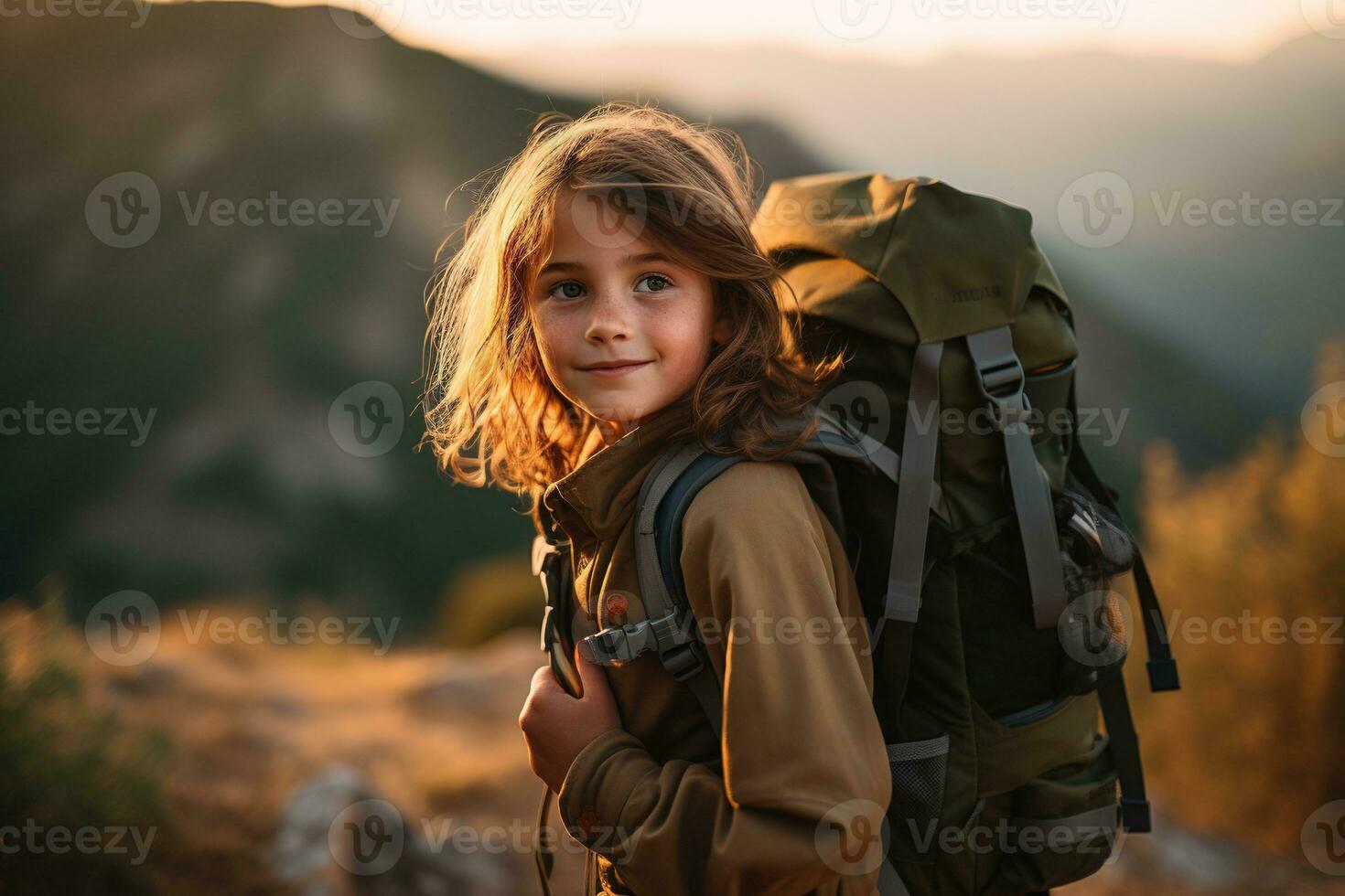 little girl with backpack hiking on mountain peak at sunset, travel and adventure concept AI generated photo
