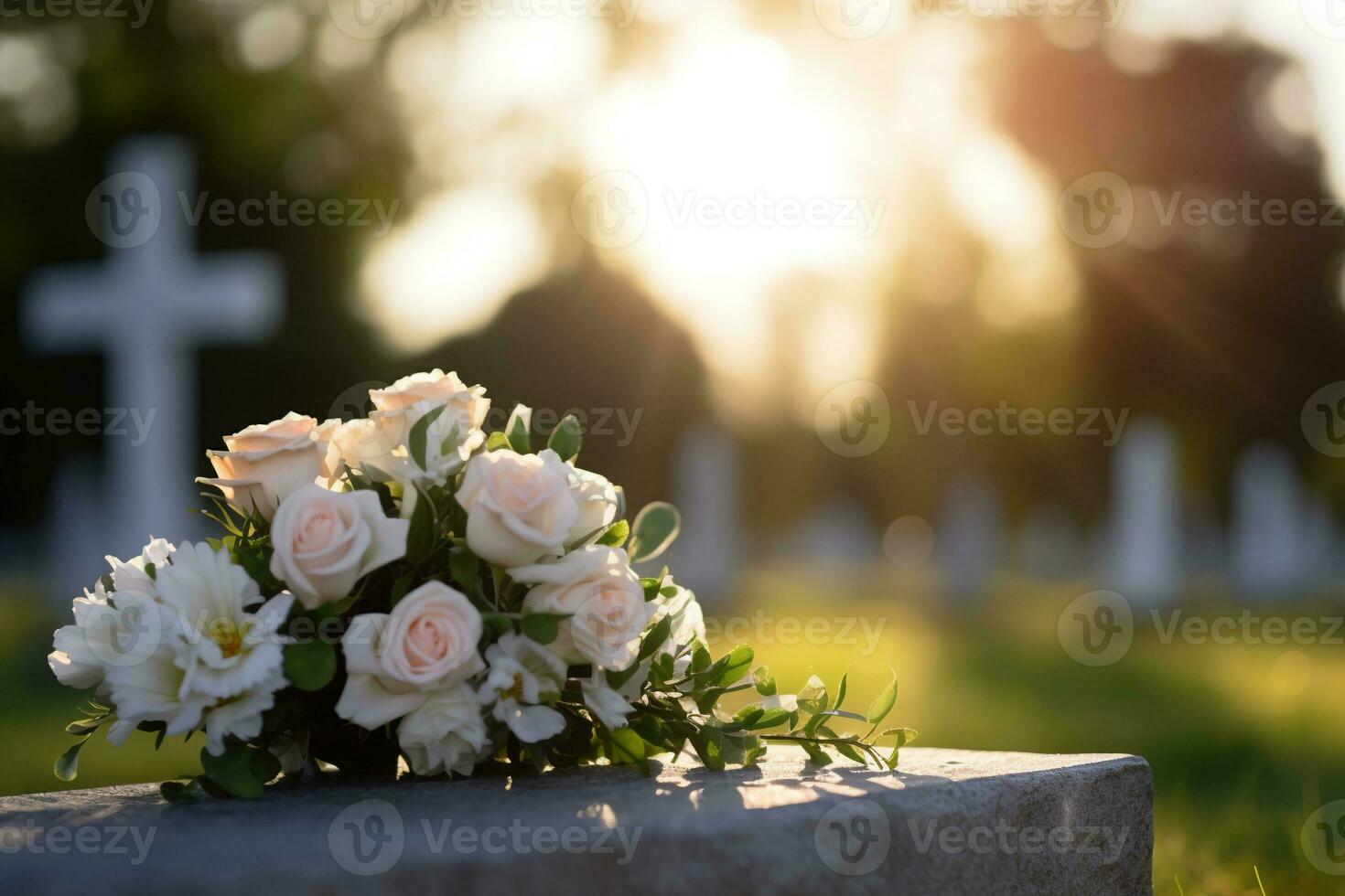 blanco flores en frente de un lápida sepulcral a un cementerio con atardecer.funeral concepto ai generado foto