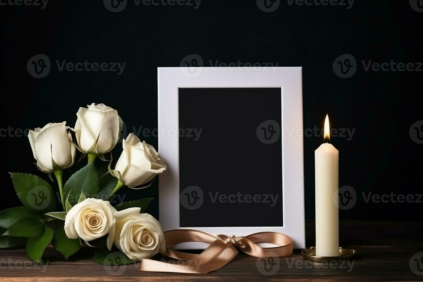 White roses with ribbon and photo frame on black background.Funeral Concept AI generated