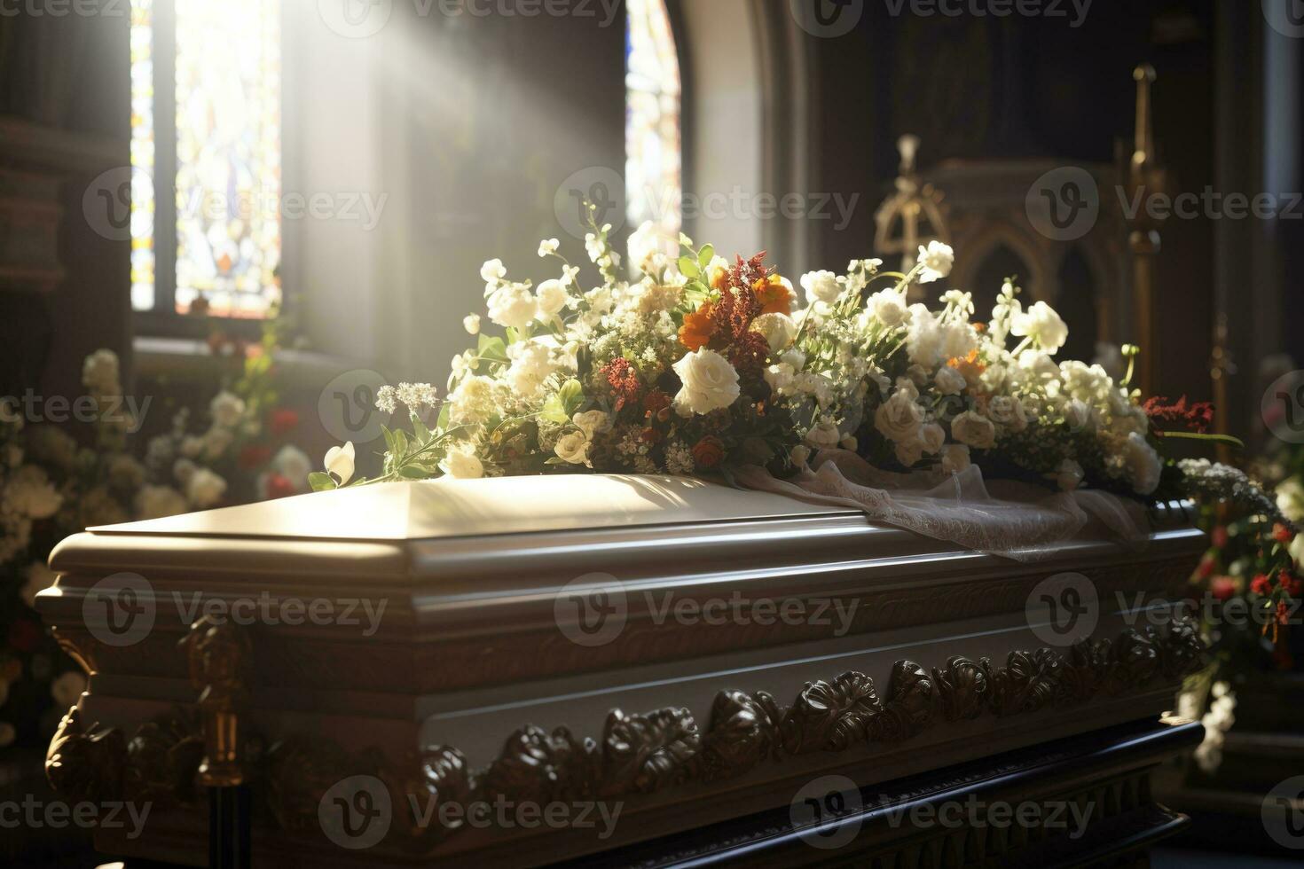 hermosa flores en un ataúd a un funeral ai generado foto