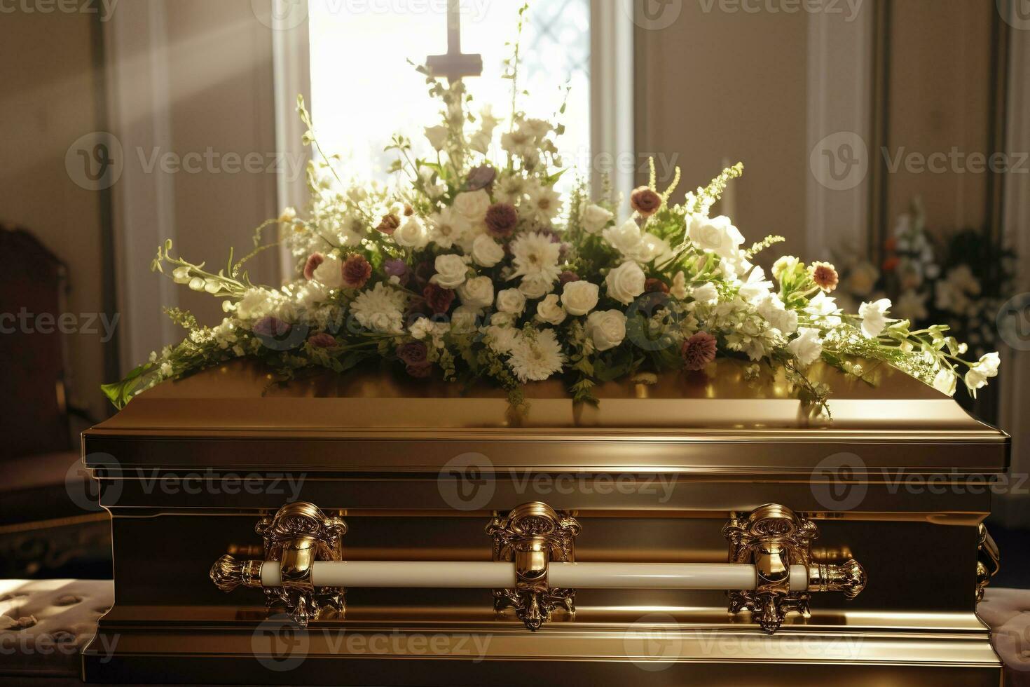 Beautiful flowers in a coffin at a funeral AI generated photo