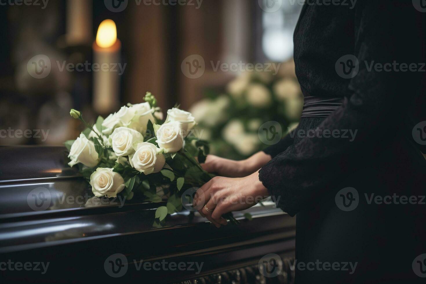 Closeup of a woman's hand placing a bouquet of white roses in a coffin.Funeral Concept AI generated photo