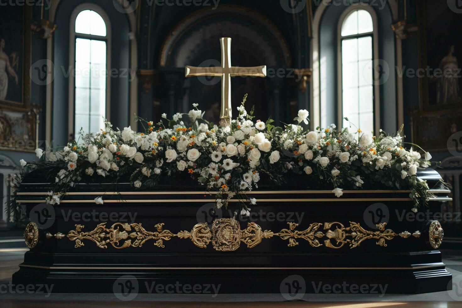 closeup shot of a casket in a hearse or chapel before funeral or burial at cemetery AI generated photo