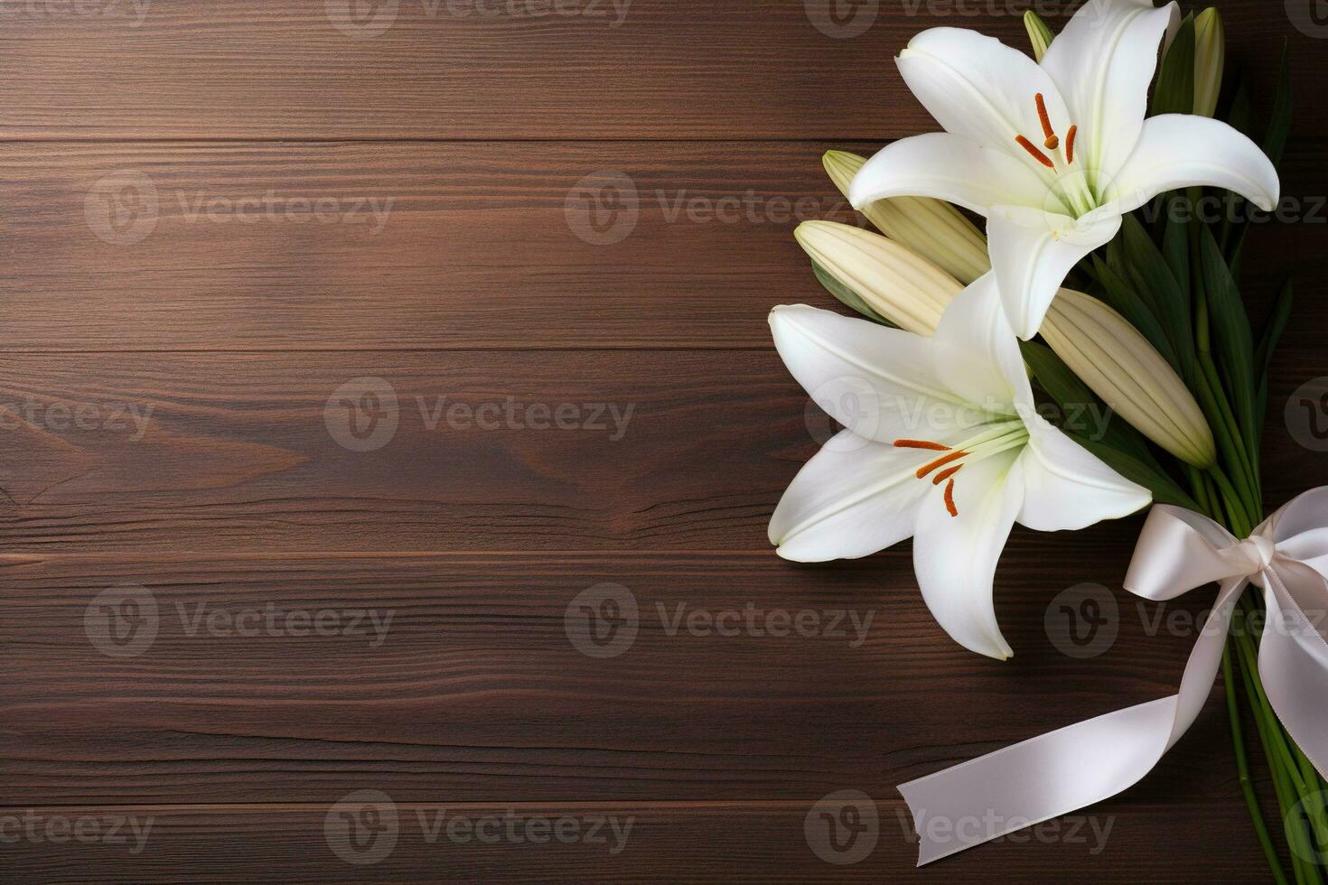 White lily flowers on wooden background. Top view with copy space.Funeral Concept AI generated photo