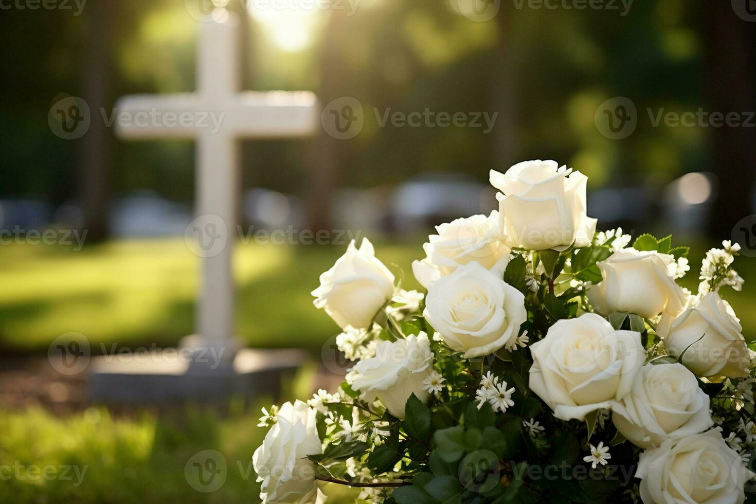 white flowers in front of a gravestone at a cemetery with sunset.Funeral ConceptAI generated photo