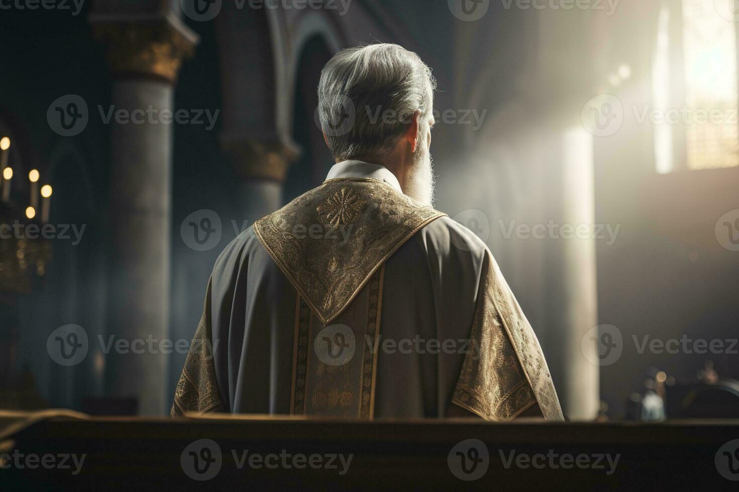 Rear view of priest looking at church interior. Religion concept. AI generated photo