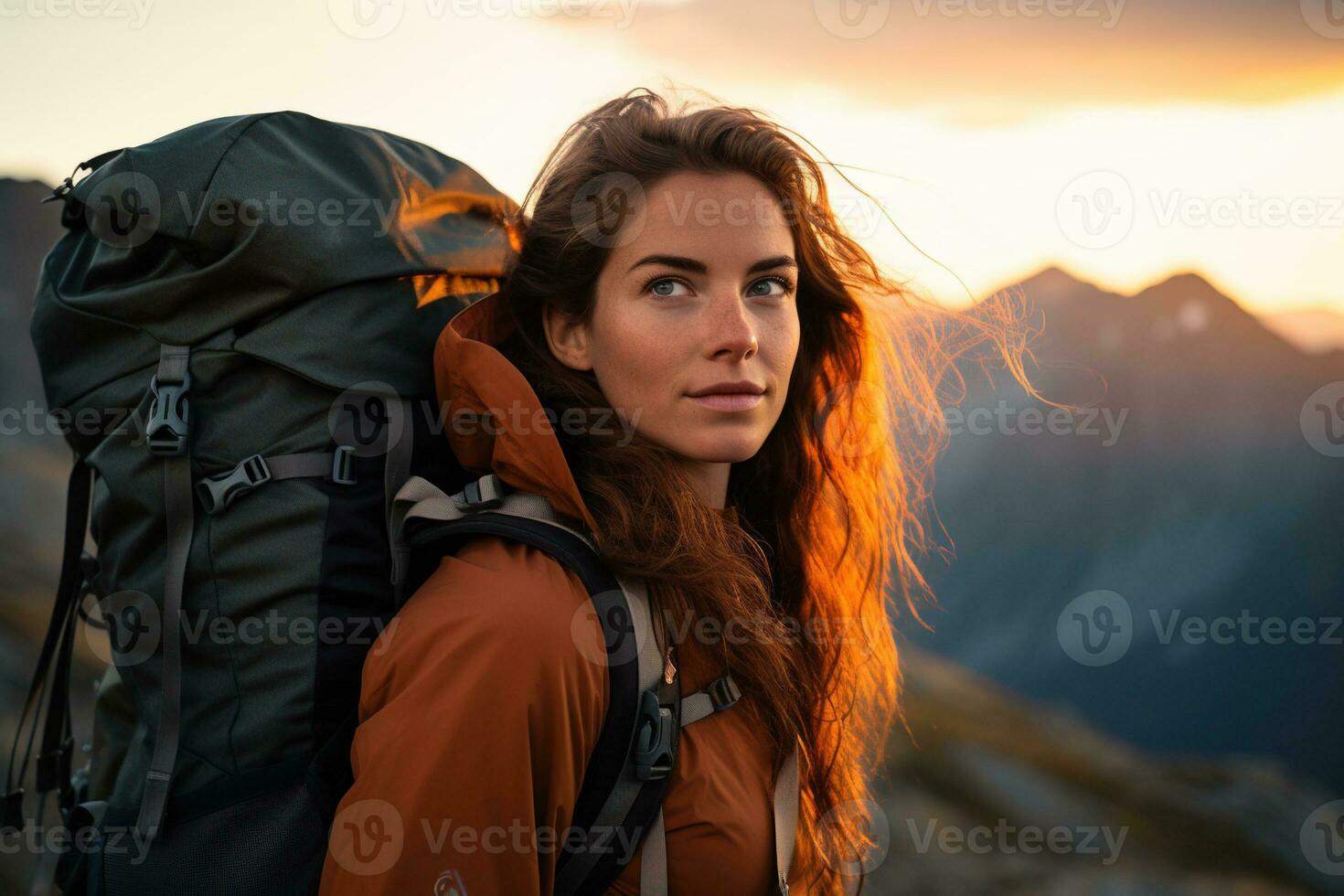 Beautiful woman hiker with backpack hiking in the mountains at sunset AI generated photo