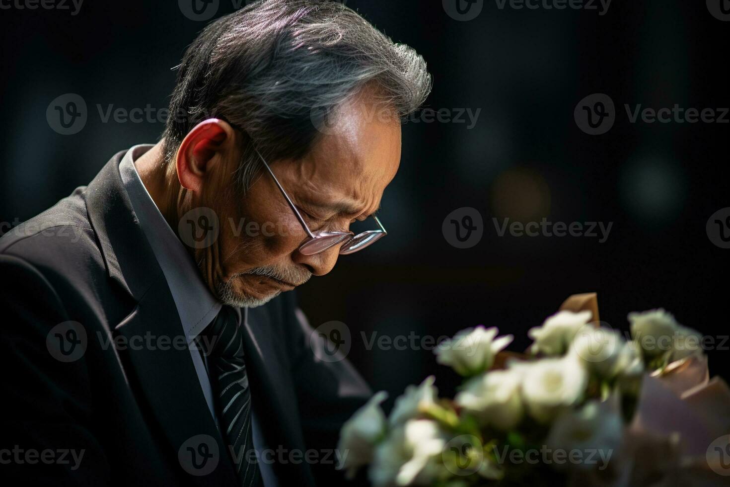 Elderly asian man with funeral sorrow and flowers in church AI generated photo