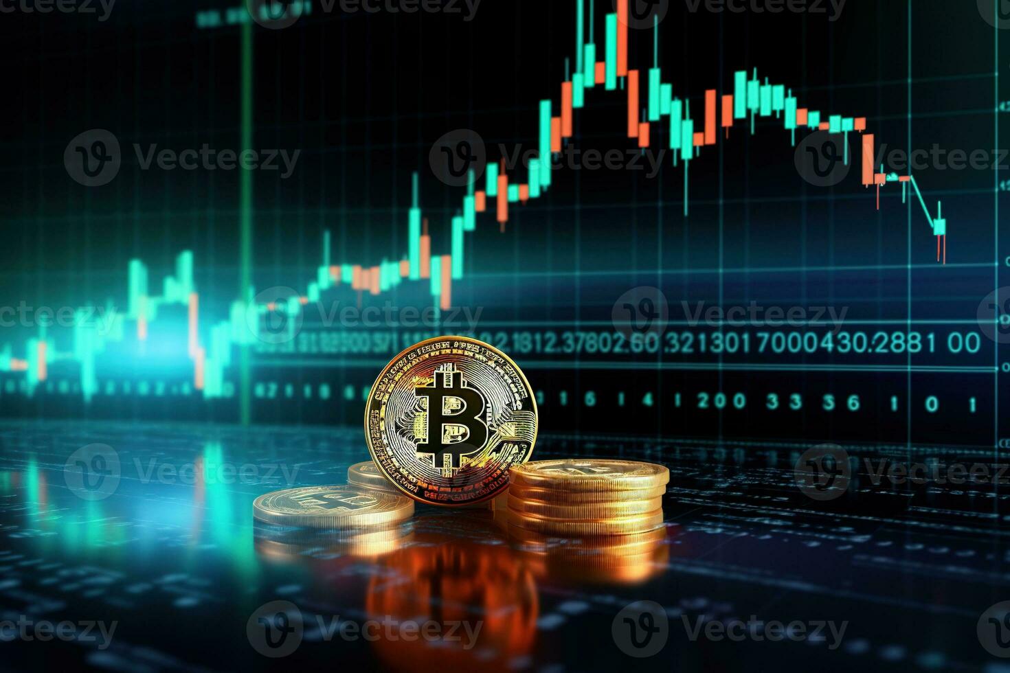 Golden Bitcoin on the background of the stock market chart. Cryptocurrency concept. AI generated photo