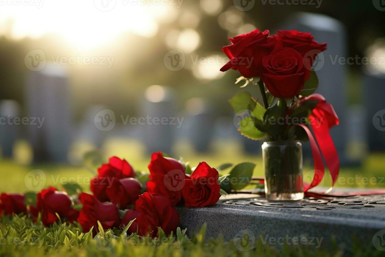 Red roses on a grave at a cemetery during the sunset with copy space AI generated photo