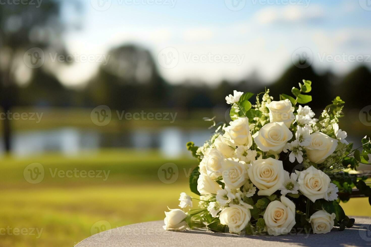 white flowers in front of a gravestone at a cemetery with sunset.Funeral Concept AI generated photo