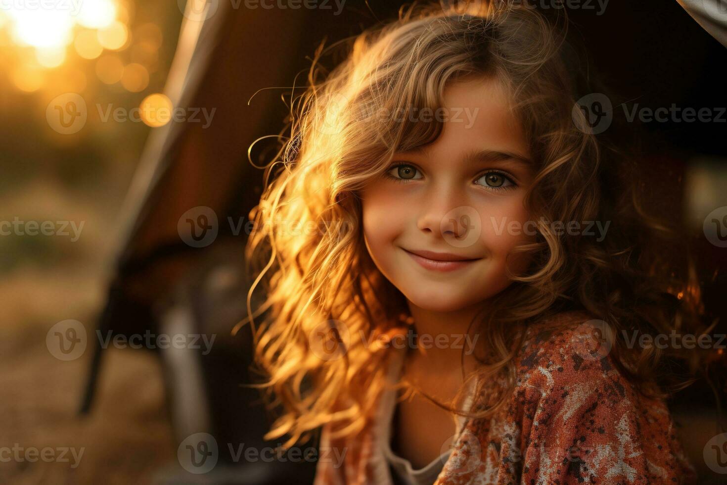 Portrait of cute little girl at camera while standing near camping tent at sunset AI generated photo