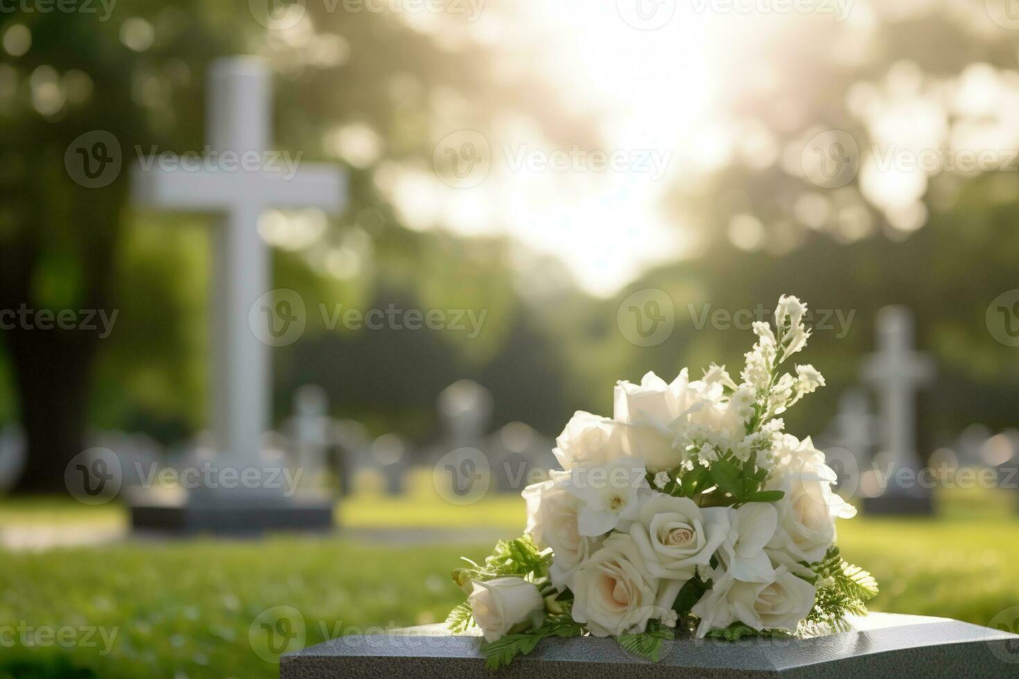 blanco flores en frente de un lápida sepulcral a un cementerio con atardecer.funeral concepto ai generado foto