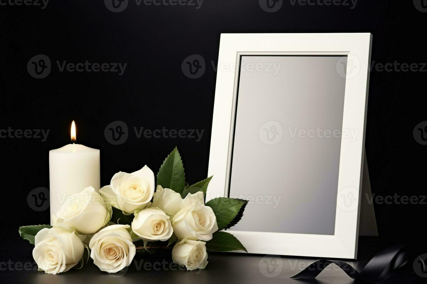 White roses with ribbon and photo frame on black background.Funeral Concept AI generated